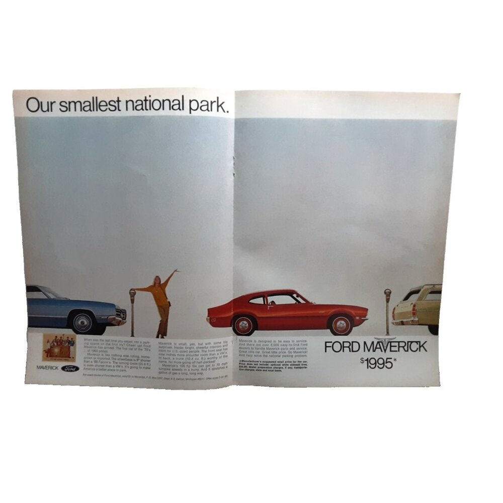 1969 1970 Ford Maverick Vintage Car Ad Smallest National Park Parking Meter 2 Pg